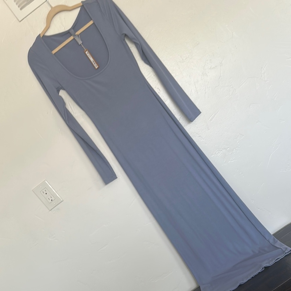 SKIMS Blue Plunge Neck Long Sleeve Bodycon Dress